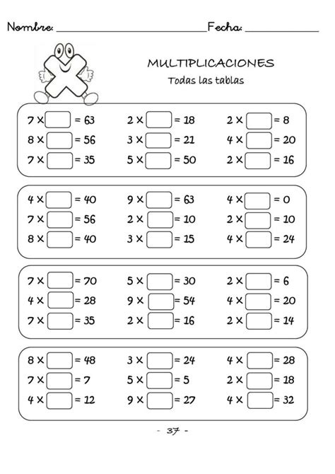 Fichas de multiplicaciones para primaria